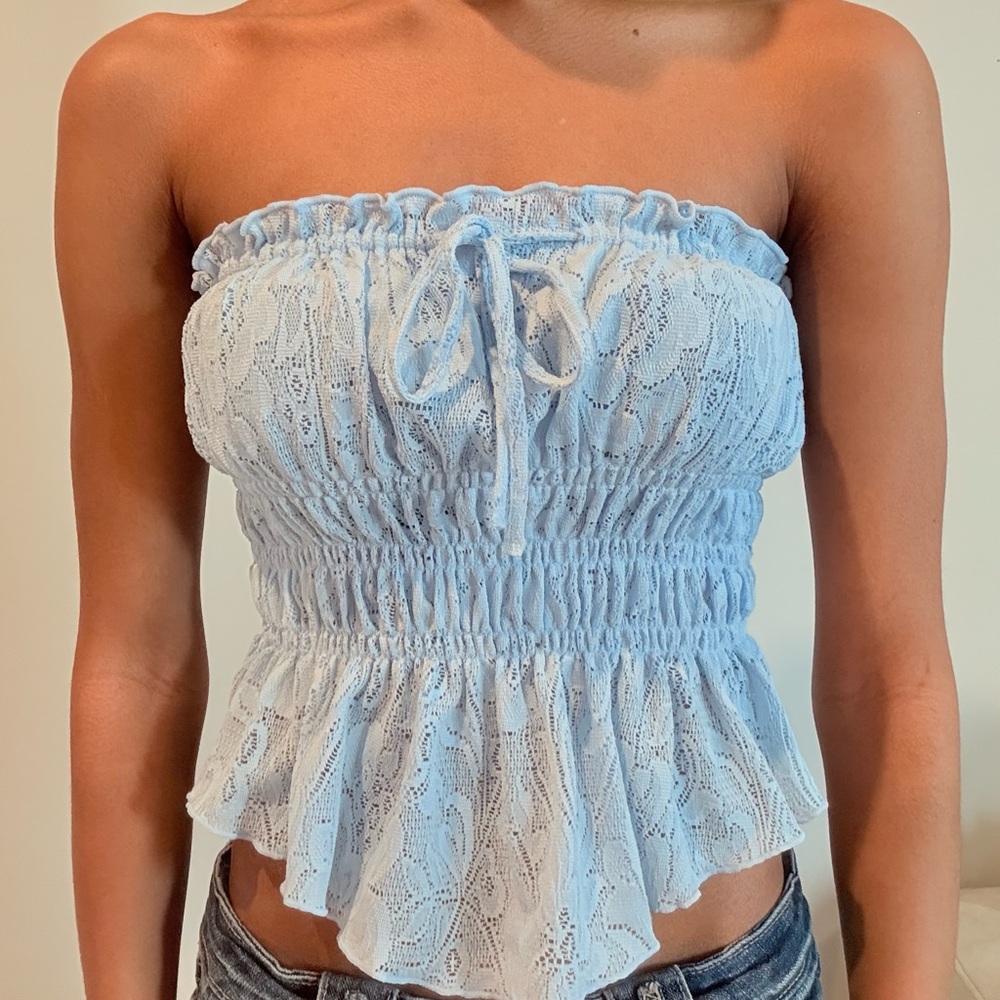 Urban Outfitters Out From Under Amie Ruched & Ruffled Strapless Blue Tube Top